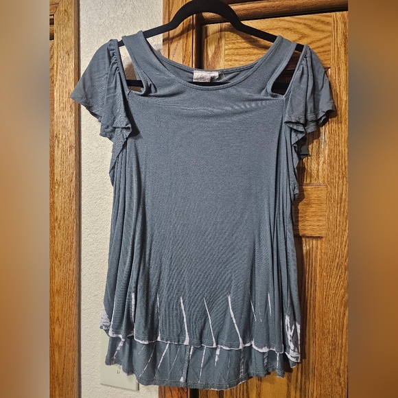 White Crow Tops - White Crow Slate Blue Cold-Shoulder Ruffle Sleeve Top
